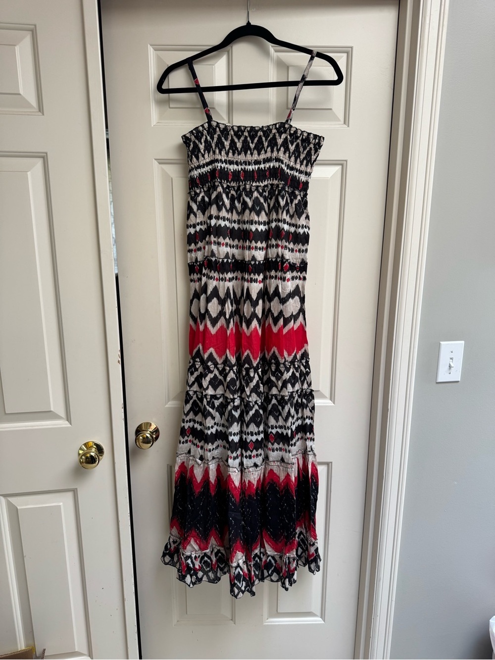 Smocked Top Maxi Dress in Black, White & Red